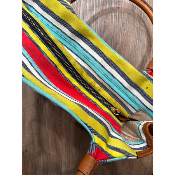 Kate Spade New York Striped Canvas‎ Satchel Bag Blue Yellow Red Tan Leather Trim - Image 5