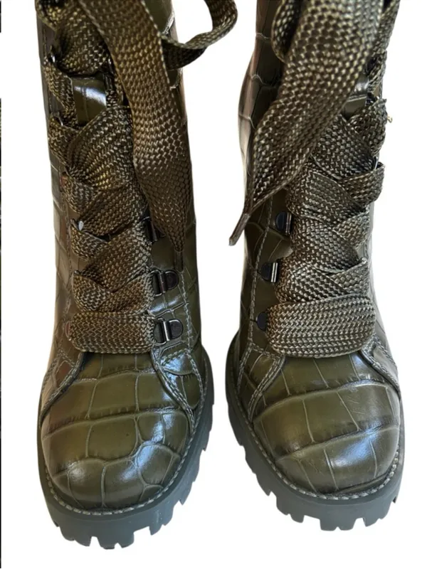 EUC SCHUTZ Leather Croc Embossed Heeled Boots Green Size 7.5 - Image 4