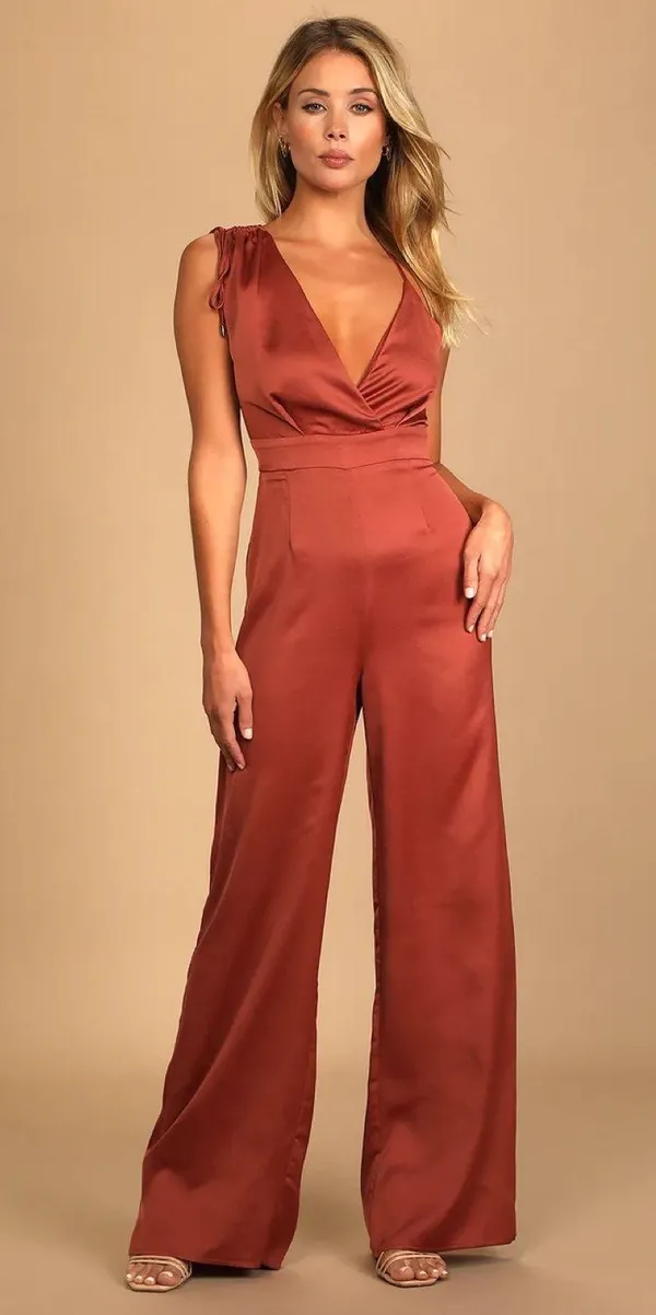 Lulu’s NWT Satin Asymmetrical Jumpsuit Rusty Rose Large - Image 2