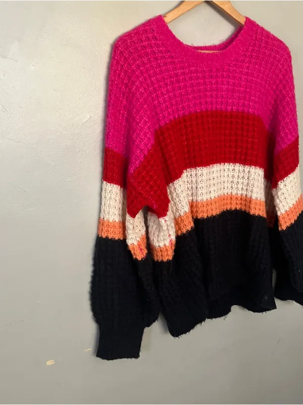Colorblock Knit Sweater - Pink/Red/Black Large - Image 2