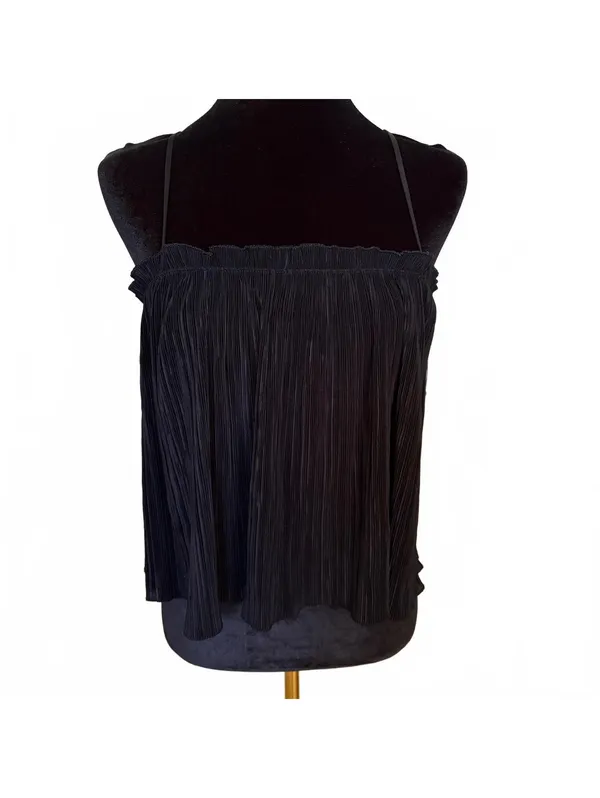 Madewell Nicole Plisse Crinkle Pleated Ruffle Cami Tank Top Black Women Size XS - Image 3