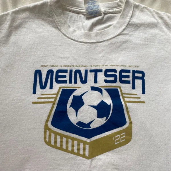 white blue tan gold soccer tee Size M - Image 2
