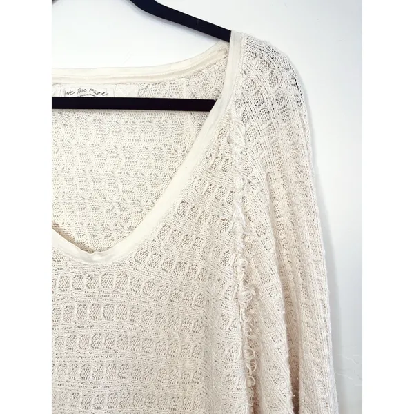 We The Free People Thien Hacci Ivory Textured Knit Fringe V-Neck Oversized Small - Image 4