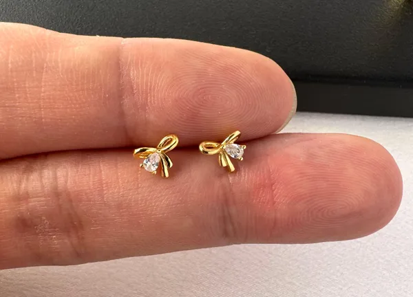 Small CZ Bow Stud Earrings for Women Gold - Image 6