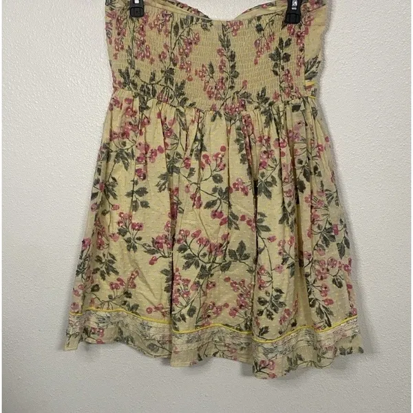 Hazel Strapless Floral Sundress Yellow Pink Green L 100% Cotton Lace Bow Ruffle - Image 4