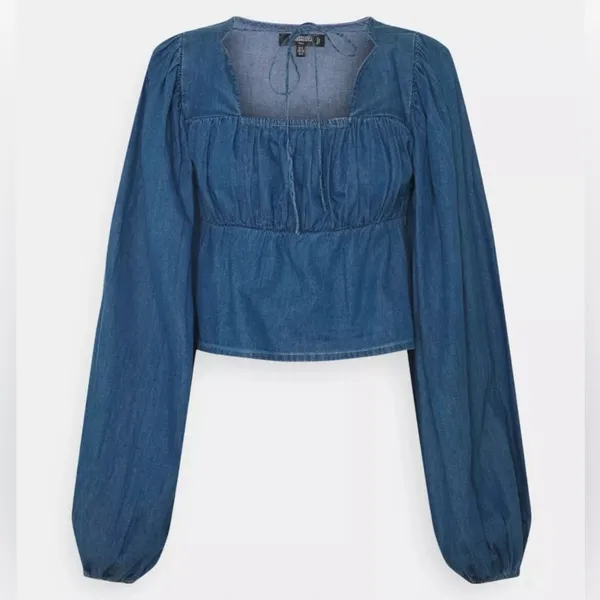 Missguided Tie Front Square Neck Volume Sleeve Denim Crop Top‎ Deep Blue Size 6 - Image 3
