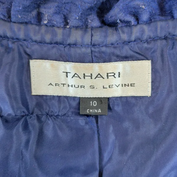 Vintage Tahari Levine Womens Blue Textured Ruffle Neck Button Blazer Jacket 10 - Image 6