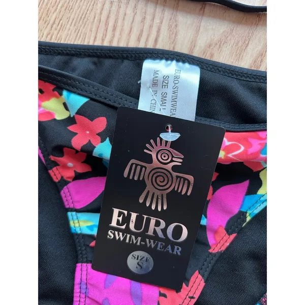 New Womens Euro Floral Print 2pc String Bikini Black blue pink purple aqua Small - Image 4