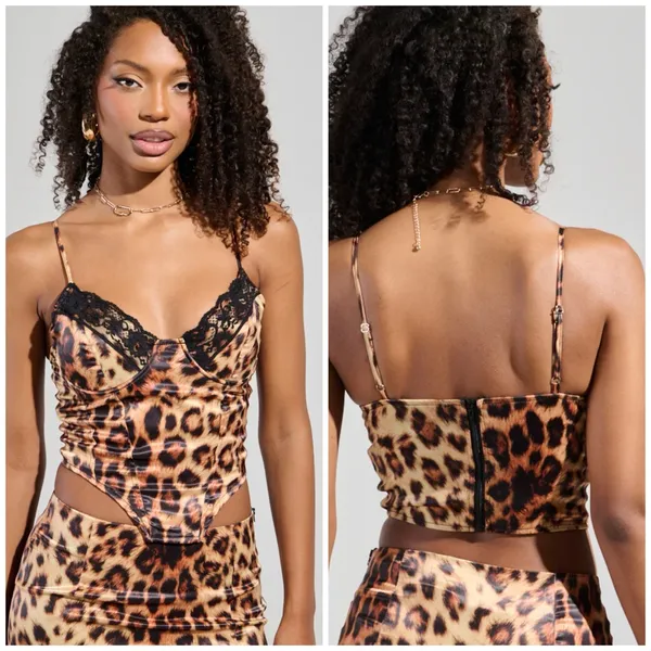 AKIRA Leopard Print Satin Lace Corset Cami Top Plunge Neck Size XL - Image 7