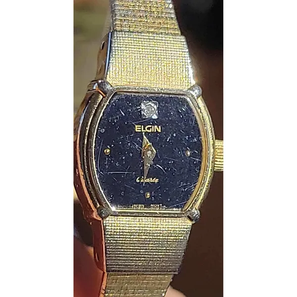Elgin EK228-008 Quartz Women's Gold Tone Black Face Diamond‎ Accent Tank Watch - Image 6
