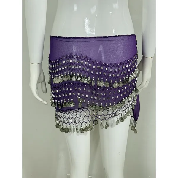 Belly Dance Hip Scarf Coin Belt Purple Chiffon Gold Coins Festival Costume - Image 6