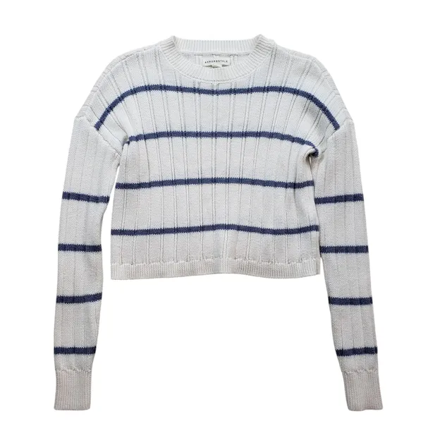 Aeropostale Striped Knit Sweater Womens XS White Blue Preppy - Image 2
