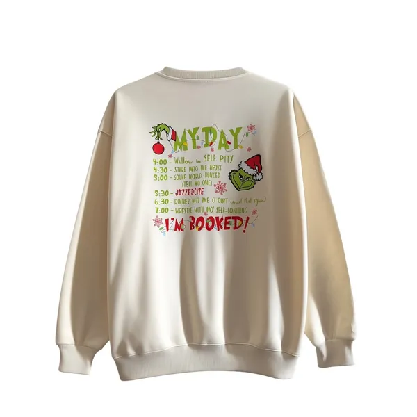 Cream Grinch Inspired My Day I'm Booked Graphic Sweatshirt Medium Holiday Crew - Image 2