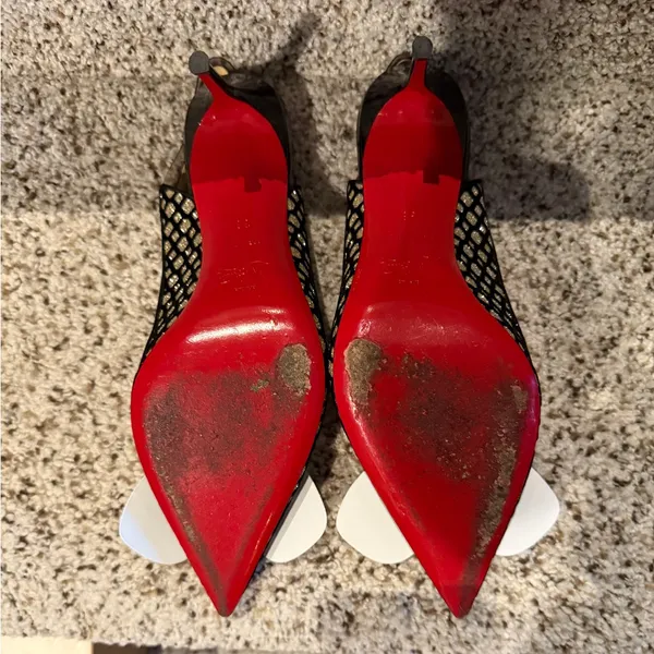 Christian Louboutin Suspenodo Glitter Flocked Patent PVC Sling 85 Pumps, size 38 - Image 8