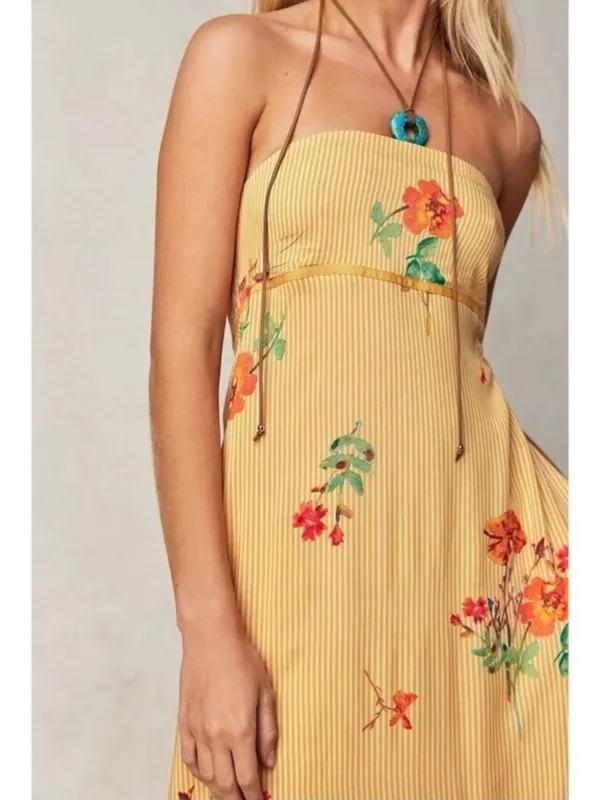 Free People Bohemian Rosie Posie Strapless Midi Dress Yellow Floral Size Small - Image 3