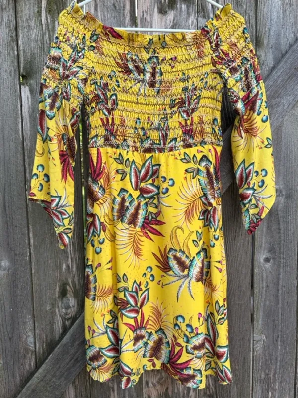 EUC Anthropologie FARM Rio Bria Smocked Yellow Floral Dress Size Small - Image 4