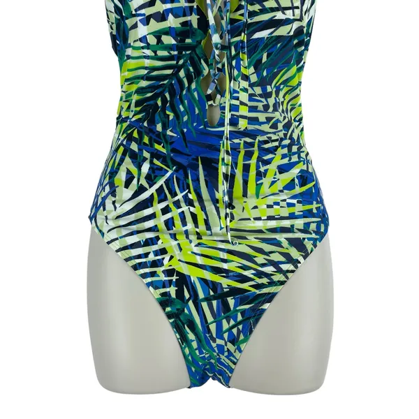 Aerie Tropical Leaf Print Plunge V Neck Lace Up One Piece Swimsuit Size S - Image 4