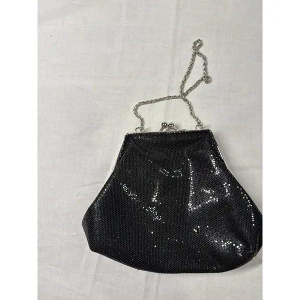 La Regale Black Sequin Evening Bag‎ Silver Kiss Lock Clasp Chain Strap Vintage - Image 2