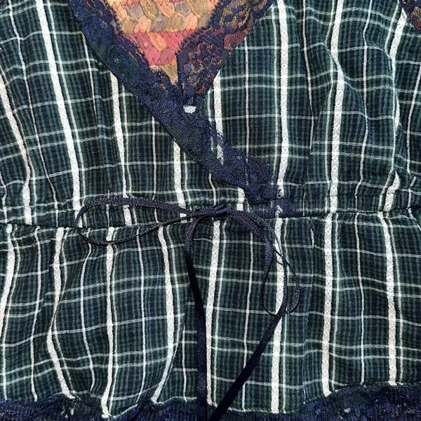 American Eagle Navy & Green Plaid Lace Cami Top - Image 2