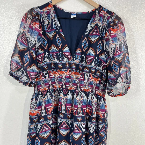 Old Navy Boho‎ Tiered Midi Dress Geometric Print Puff Sleeve Smocked Waist Lined - Image 10