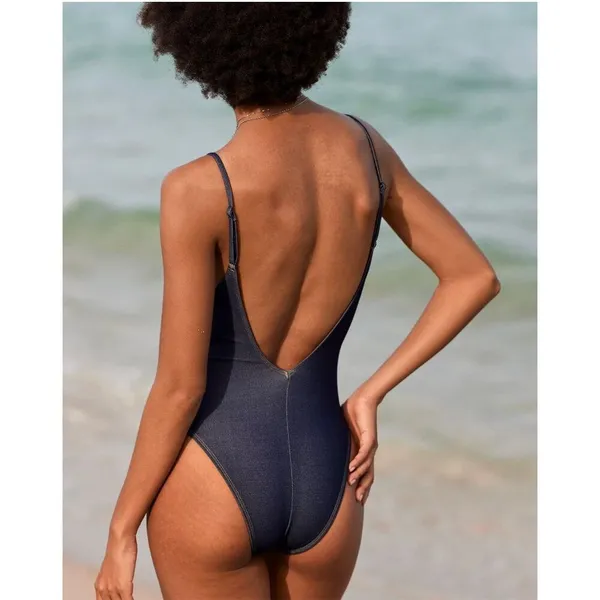 Aerie American Eagle Denim‎ Look One Piece Cheeky Swimsuit L - Image 2