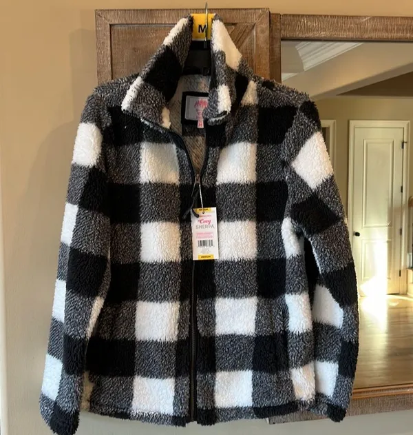 Sherpa Cozy Jacket Fluffy Zip Black White Buffalo Checkerboard Comfy Womens M - Image 10