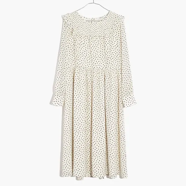 Madewell Smocked Ruffle-Shoulder Midi Dress in Inkbrush Dots‎ Size M - Image 3