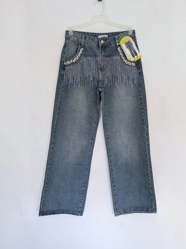 Rhinestone Embellished Wide Leg Jeans Dark Wash Bling Denim Size M - Image 5