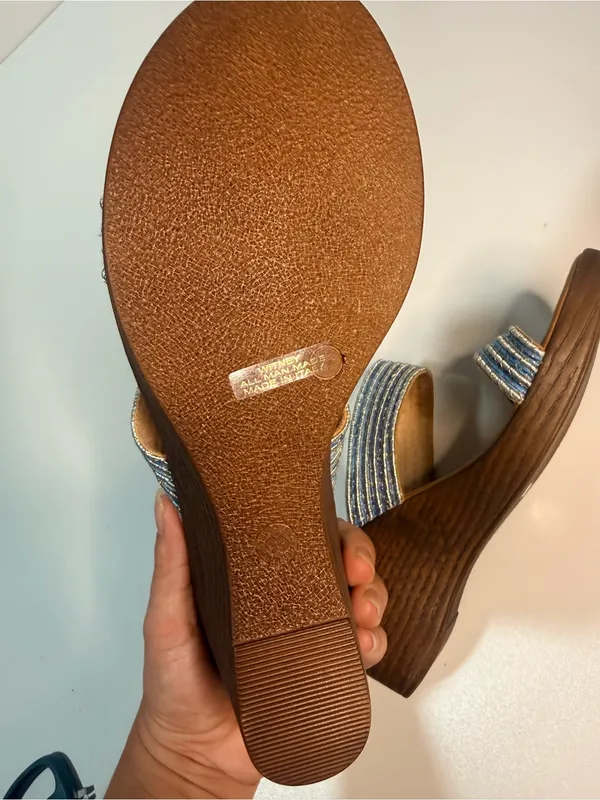 Italina Blue Striped Fabric Wedge Sandals - Image 11