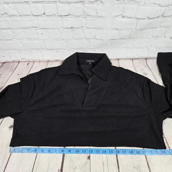 Area Stars Black Waffle Knit Cropped Polo Top Long‎ Sleeve Large ASDJF2338B - Image 6