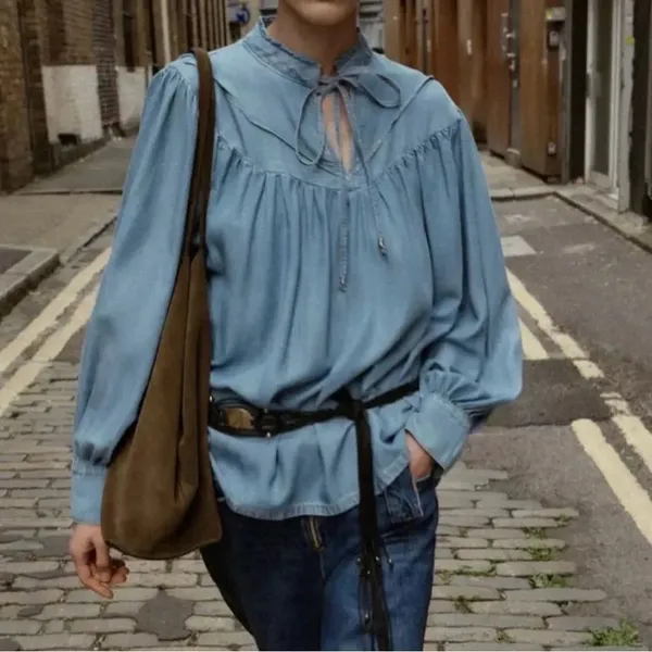 Zara Denim Blue Flowy Jeans Top(Size Large) - Image 3