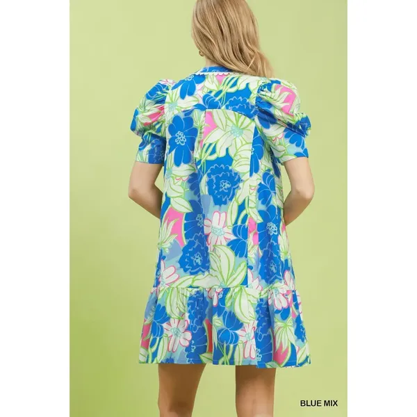 Umgee Floral Puff Sleeve Tiered Mini Dress - Blue Mix - Small - Image 3
