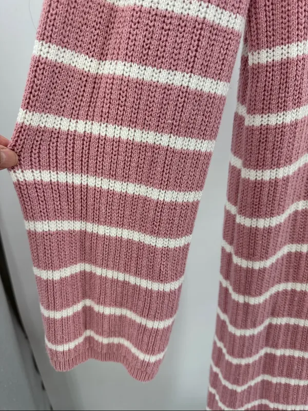 Merokeety Striped Pink sweater Maxi Dress v-neck Collared L side slits casual - Image 6