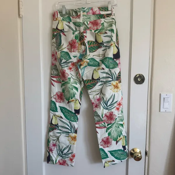 Zara Floral Tropical Print Wide-Leg Jeans - White with Green, Pink, Yellow - Image 3