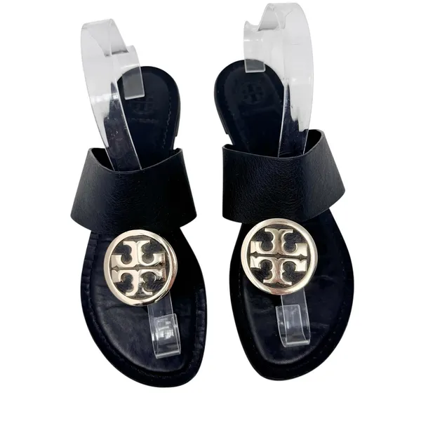 Tory Burch Benton Band Black Leather Logo Medallion Sandals 8 - Image 3