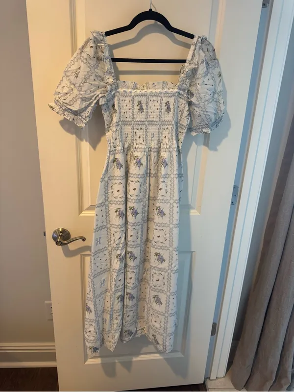 Hill House Scarlett Blue & White Floral Patchwork Midi Nap Dress | S - Image 5
