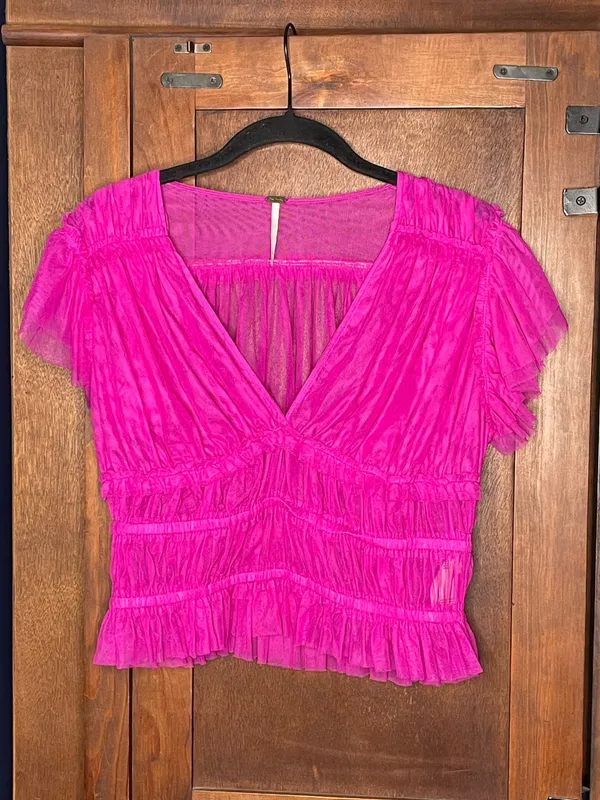 Free People Making Me Smile Top Fuchsia Pink Sheer Ruched Ruffle Cottagecore S - Image 2