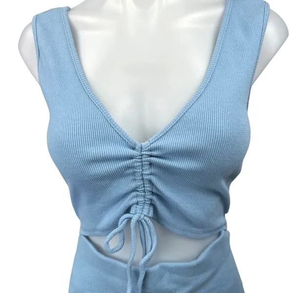 Lulus Go With You Light Blue Ribbed Ruched Cutout Sleeveless Bodycon Dress Sz L - Image 9