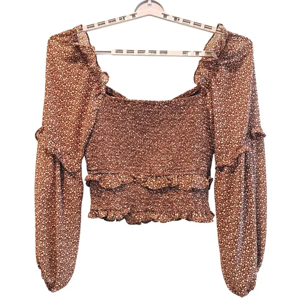 ASTR The Label Brown Ditsy Floral Smocked Long‎ Sleeve Crop Top Women's XL - Image 3
