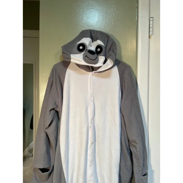 Unisex Adult Sz Small Gray Sloth Cosplay One Piece Pajamas Costume Snap Up Long - Image 3