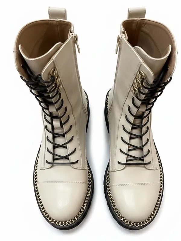 Sam Edelman Lenley Ivory Leather Gold Chain Combat Boots Size 8 NIB - Image 7