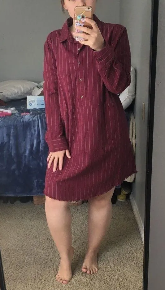Umgee • Red Striped Long Sleeve Shirt Dress with Pockets Fringe Hem Medium - Image 9
