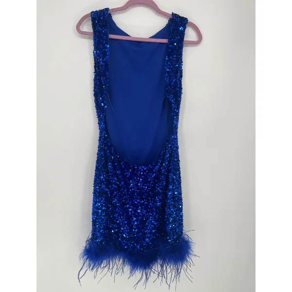 B. Darlin Sequin Feather Trim Open Back Mini Dress Women 15/16 Royal Blue Glam - Image 2