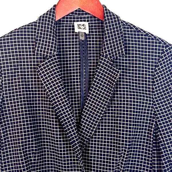 Anne Klein Blazer Jacket Women's Medium Navy Blue White Stretch 90s Office Siren - Image 5