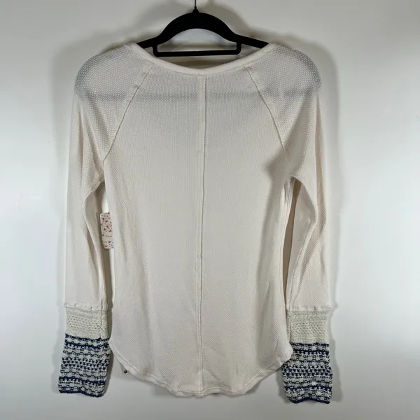 Free People Ivory Combo Henley Thermal Waffle Knit Crochet Cuff Top Large‎ Boho - Image 9