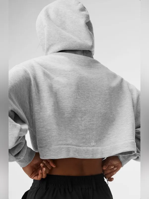 Alo NWT Bae Hoodie Athletic Heather Grey Cropped Pullover Sweatshirt Size L - Image 2