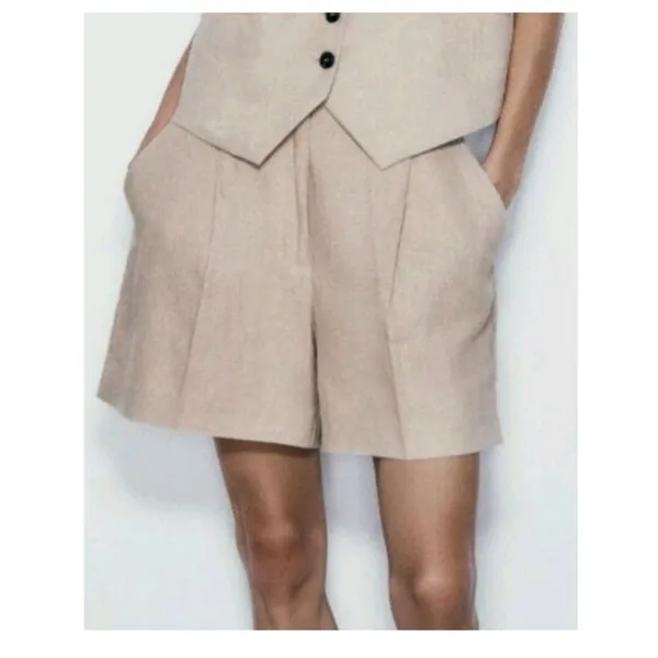 Zara High Rise Linen Blend Shorts Tan Beige Size XS Preppy Career Minimalist - Image 3