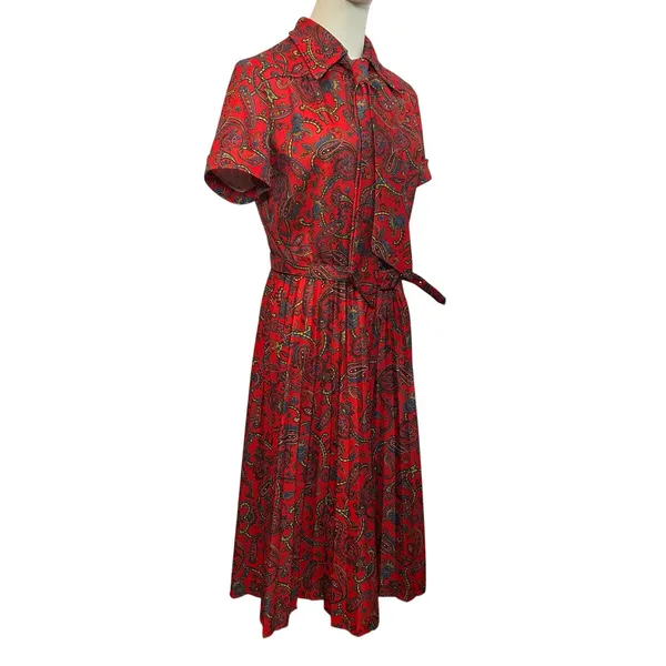VTG 70s Red Paisley Dagger Collar Midi Dress with Matching Belt M Whimsygoth - Image 16