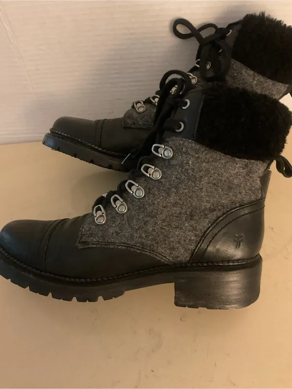 Frye women Black Leather and Gray Wool Lace-Up Shearling Samantha Boots US 8 - Image 4