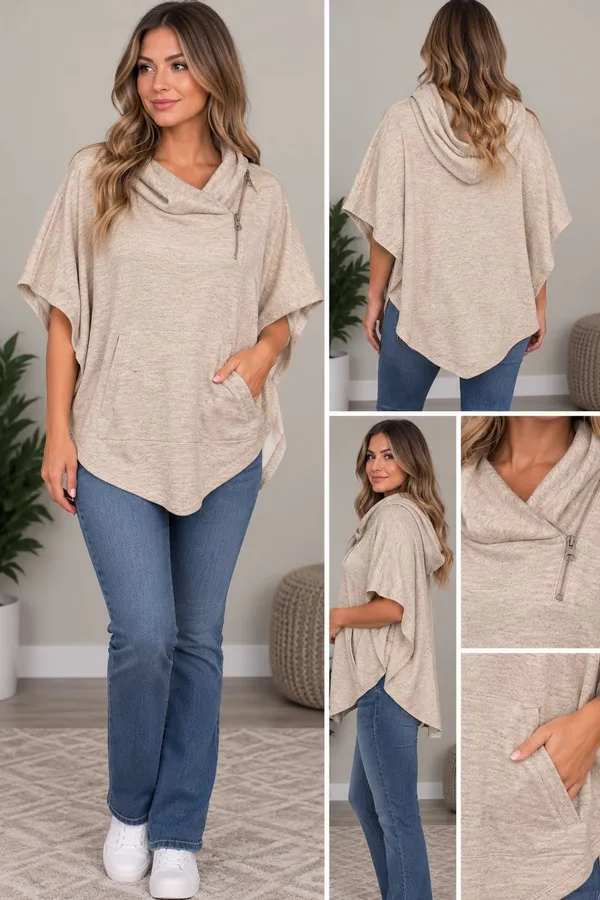 Simply Noelle Cowl Neck Poncho Size S/M Oatmeal Heather Fleece Pullover - Image 2